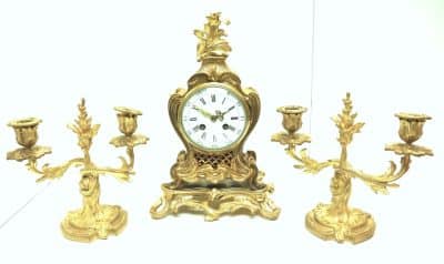 Superb Antique French Ormolu Mantel Candelabra Clock Set Scrolling Decoration French clock Antique Clocks 4