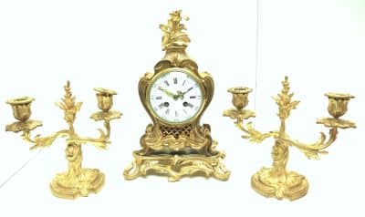 Superb Antique French Ormolu Mantel Candelabra Clock Set Scrolling Decoration - Image 2