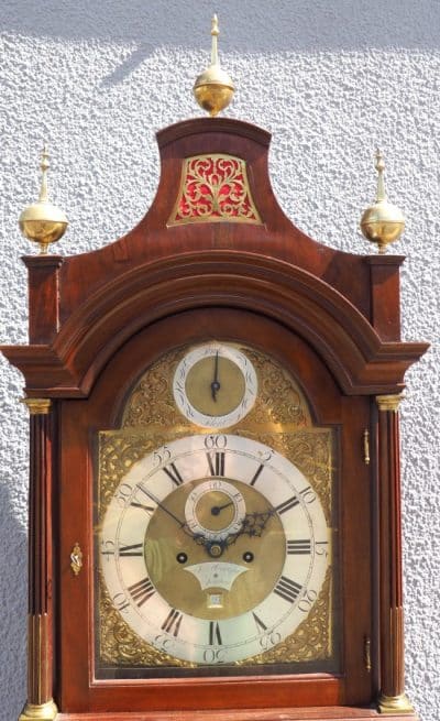 19THC Pagoda Top Longcase Clock in Solid Mahogany Case Arched Silver & Brass Dial Signed Joseph Herring London