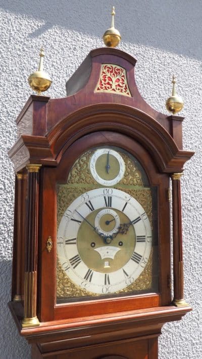 19THC Pagoda Top Longcase Clock in Solid Mahogany Case Arched Silver & Brass Dial Signed Joseph Herring London - Image 13