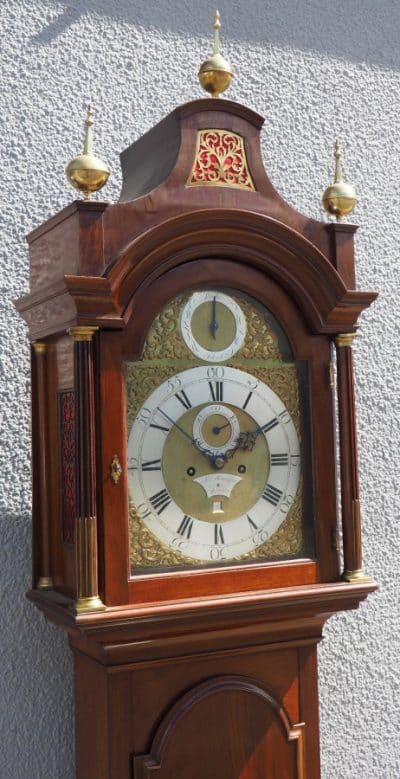 19THC Pagoda Top Longcase Clock in Solid Mahogany Case Arched Silver & Brass Dial Signed Joseph Herring London - Image 10