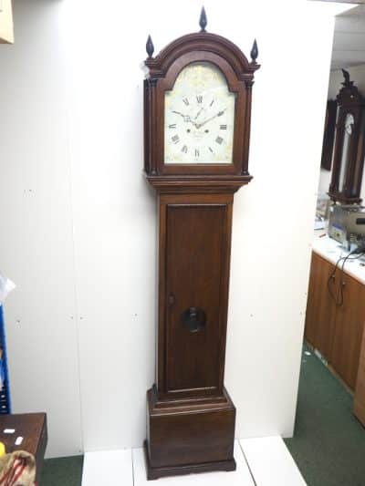 Antique Longcase Clock Fine British Oak Grandfather Clock With Arched Painted Dial - Image 2