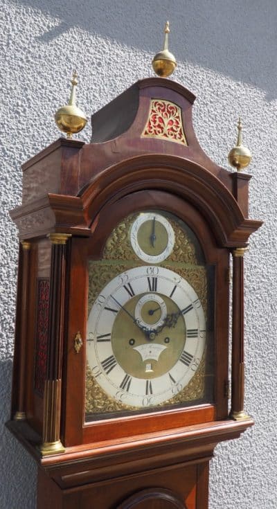 19THC Pagoda Top Longcase Clock in Solid Mahogany Case Arched Silver & Brass Dial Signed Joseph Herring London - Image 5