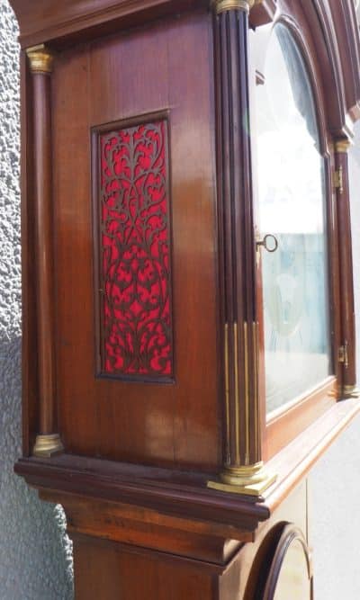19THC Pagoda Top Longcase Clock in Solid Mahogany Case Arched Silver & Brass Dial Signed Joseph Herring London - Image 4