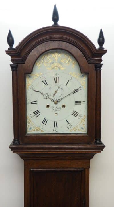 Antique Longcase Clock Fine British Oak Grandfather Clock With Arched Painted Dial