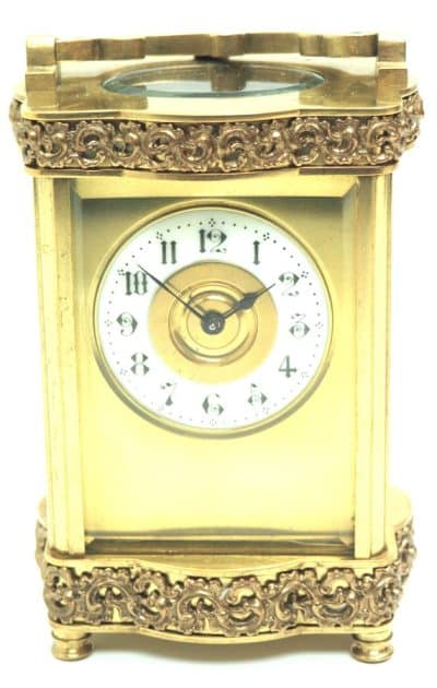 Rare Antique French 8-Day Carriage Clock Serpentine Case Fleur De Lis Decorations