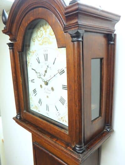 Antique Longcase Clock Fine British Oak Grandfather Clock With Arched Painted Dial - Image 8