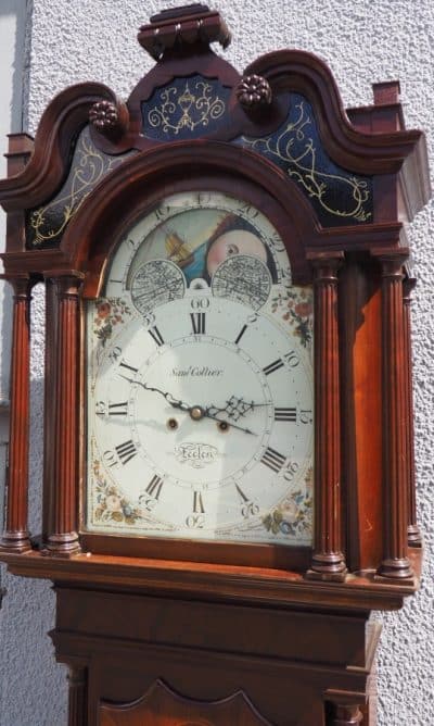 19THC English Longcase Clock in Mahogany Painted Moon Roller Dial 8-Day Signed Sam Collier Eccles