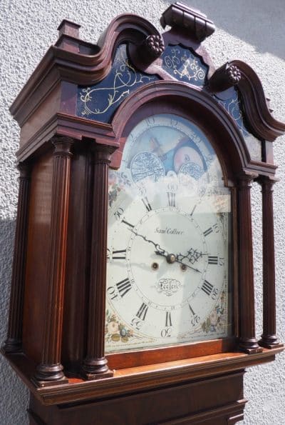 19THC English Longcase Clock in Mahogany Painted Moon Roller Dial 8-Day Signed Sam Collier Eccles clock Antique Clocks 12