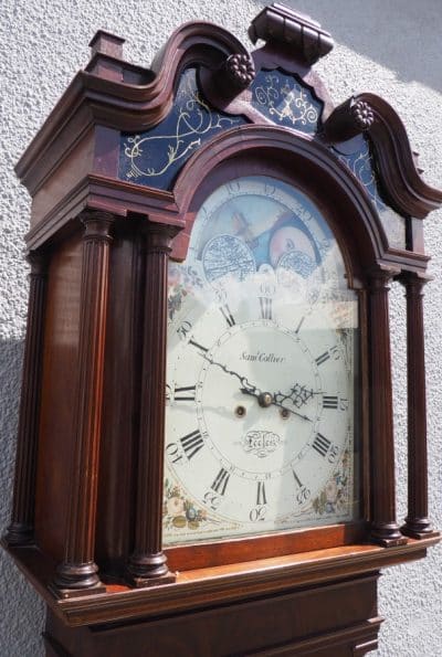19THC English Longcase Clock in Mahogany Painted Moon Roller Dial 8-Day Signed Sam Collier Eccles - Image 10