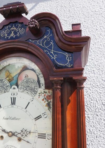 19THC English Longcase Clock in Mahogany Painted Moon Roller Dial 8-Day Signed Sam Collier Eccles - Image 7