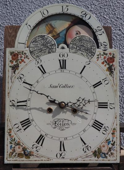 19THC English Longcase Clock in Mahogany Painted Moon Roller Dial 8-Day Signed Sam Collier Eccles - Image 5