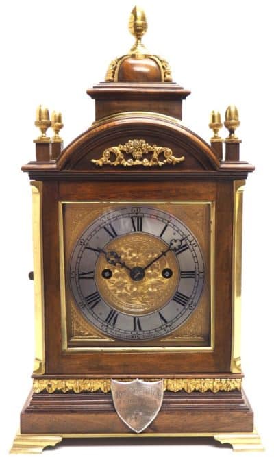 Antique English Walnut 8 Day Twin Fusee Bracket Clock 8-Day Striking Double Fusee Mantel Clock By Roskin Liverpool