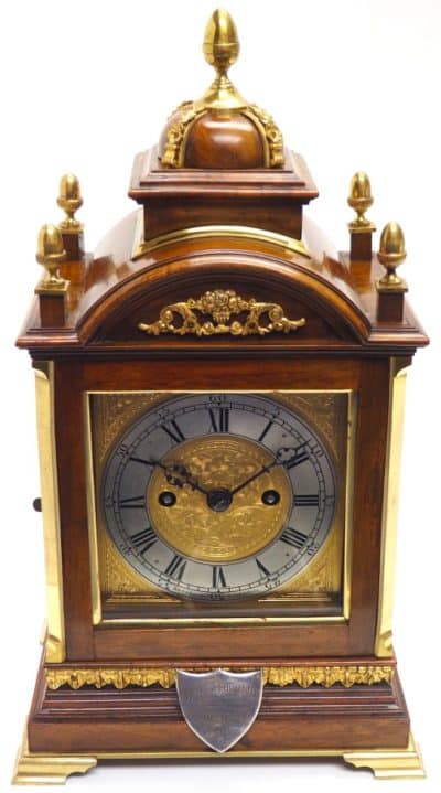 Antique English Walnut 8 Day Twin Fusee Bracket Clock 8-Day Striking Double Fusee Mantel Clock By Roskin Liverpool bracket clock Antique Clocks 16