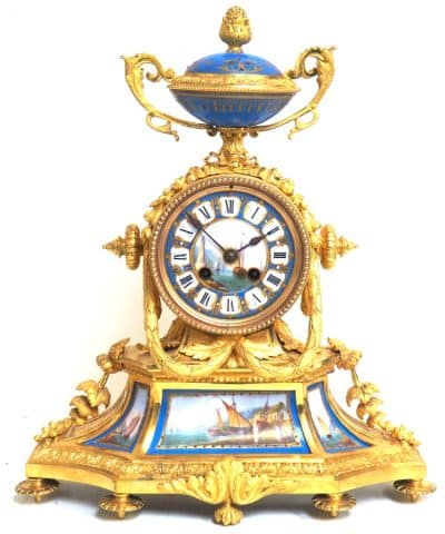 Rare French Ormolu Blue Sevres Mantel Clock Shipping Design Striking 8-Day Mantle Clock