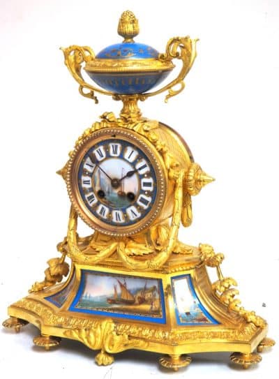 Rare French Ormolu Blue Sevres Mantel Clock Shipping Design Striking 8-Day Mantle Clock - Image 11