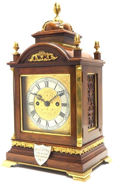 Antique English Walnut 8 Day Twin Fusee Bracket Clock 8-Day Striking Double Fusee Mantel Clock By Roskin Liverpool - Image 4