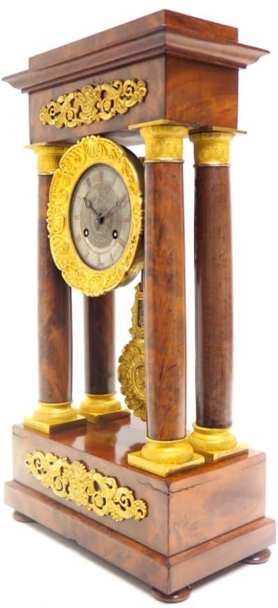 Fine Antique Flame Mahogany Mantel Clock French Striking Portico Mantle Clock - Image 3