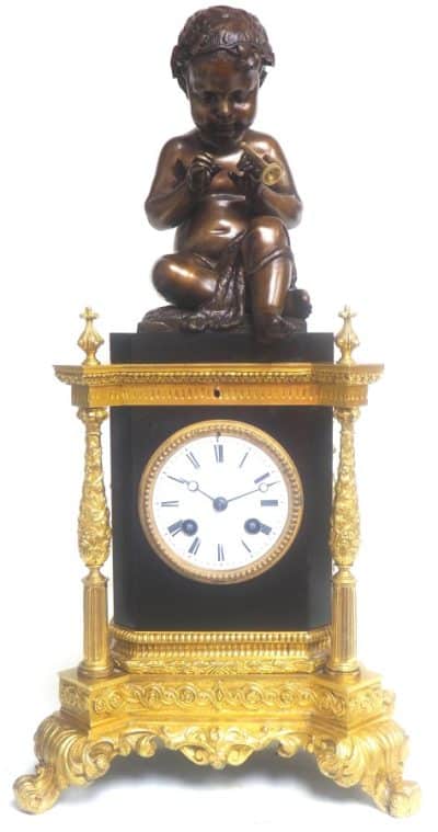Antique Ormolu Bronze Mantel Clock Trumpet Playing Child Solid Bronze Bell Striking 8-Day Mantle Clock bronze Antique Clocks 3