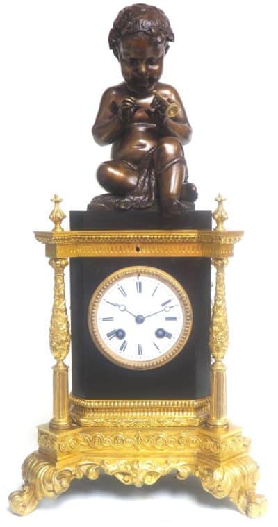 Antique Ormolu Bronze Mantel Clock Trumpet Playing Child Solid Bronze Bell Striking 8-Day Mantle Clock