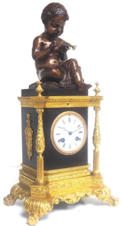 Antique Ormolu Bronze Mantel Clock Trumpet Playing Child Solid Bronze Bell Striking 8-Day Mantle Clock - Image 2