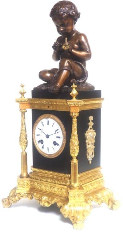 Antique Ormolu Bronze Mantel Clock Trumpet Playing Child Solid Bronze Bell Striking 8-Day Mantle Clock bronze Antique Clocks 16