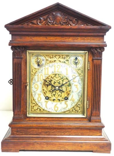 Interesting Antique German Oak 8-Day Mantel Clock Quarter Striking Bracket Clock by W&H architectural Antique Clocks 3