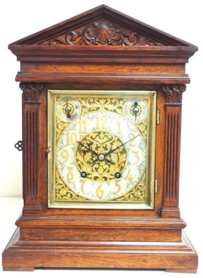 Interesting Antique German Oak 8-Day Mantel Clock Quarter Striking Bracket Clock by W&H