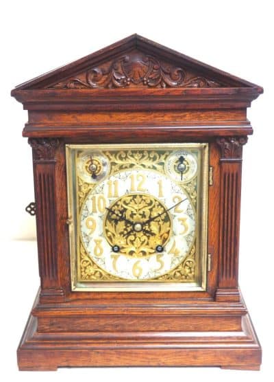 Interesting Antique German Oak 8-Day Mantel Clock Quarter Striking Bracket Clock by W&H architectural Antique Clocks 4