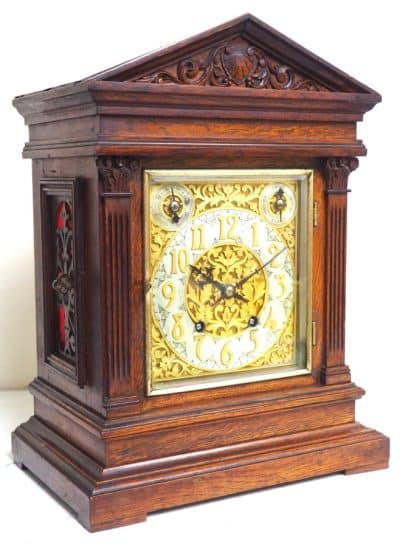 Interesting Antique German Oak 8-Day Mantel Clock Quarter Striking Bracket Clock by W&H architectural Antique Clocks 10