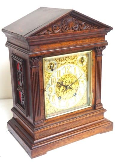 Interesting Antique German Oak 8-Day Mantel Clock Quarter Striking Bracket Clock by W&H architectural Antique Clocks 9