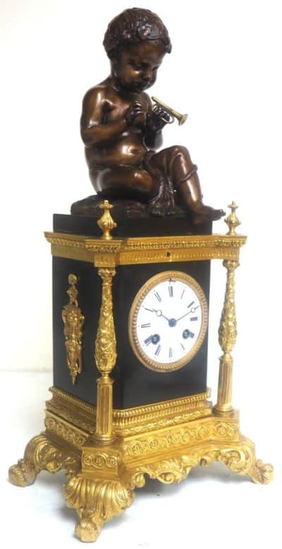 Antique Ormolu Bronze Mantel Clock Trumpet Playing Child Solid Bronze Bell Striking 8-Day Mantle Clock bronze Antique Clocks 11