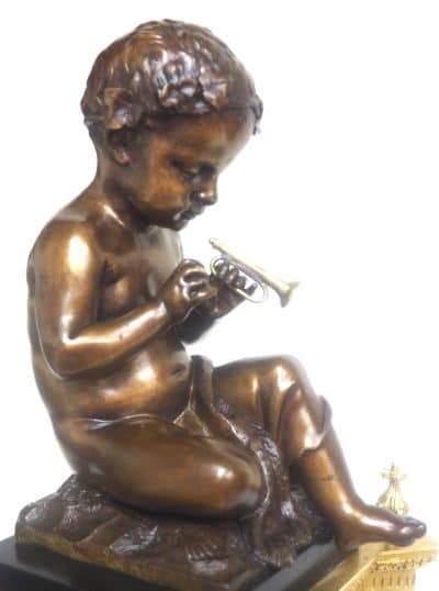 Antique Ormolu Bronze Mantel Clock Trumpet Playing Child Solid Bronze Bell Striking 8-Day Mantle Clock bronze Antique Clocks 8