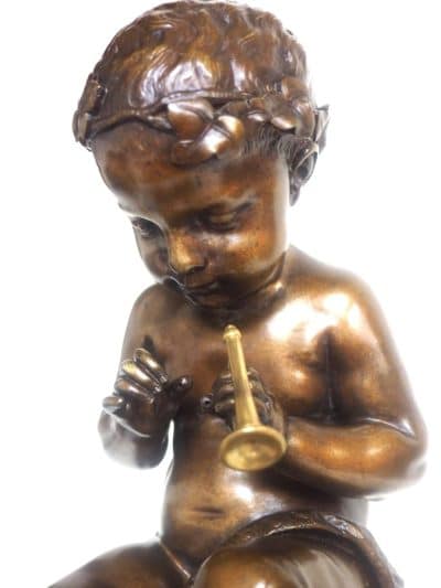 Antique Ormolu Bronze Mantel Clock Trumpet Playing Child Solid Bronze Bell Striking 8-Day Mantle Clock - Image 5