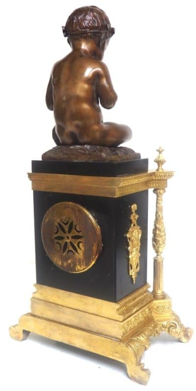 Antique Ormolu Bronze Mantel Clock Trumpet Playing Child Solid Bronze Bell Striking 8-Day Mantle Clock - Image 4
