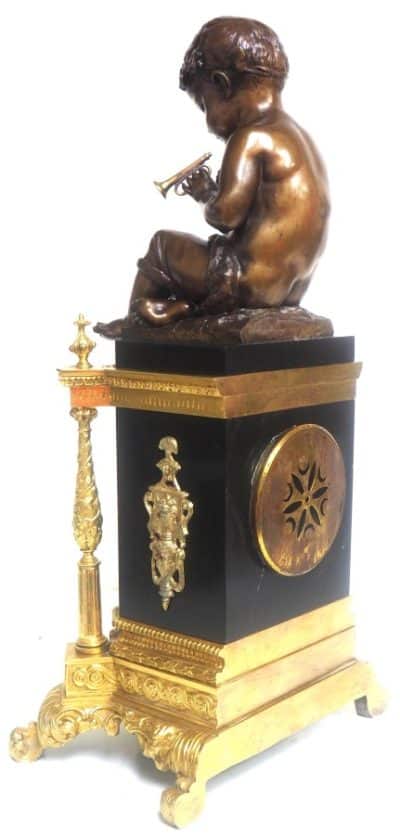 Antique Ormolu Bronze Mantel Clock Trumpet Playing Child Solid Bronze Bell Striking 8-Day Mantle Clock - Image 3