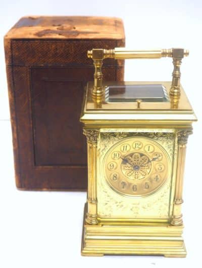 Marvellous French 8-Day Repeat Carriage Clock – Wow! Large Model Etched Decoration – Original Leather Case - Image 2