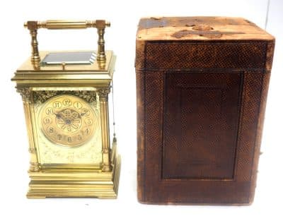 Marvellous French 8-Day Repeat Carriage Clock – Wow! Large Model Etched Decoration – Original Leather Case Antique Clocks 10