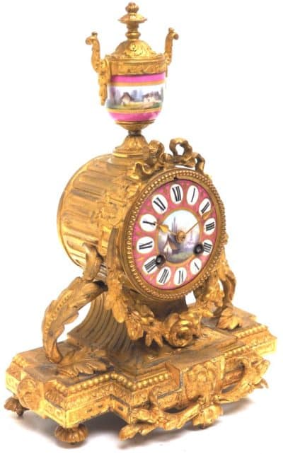 Antique French Mantel Clock – 8-Day Striking Pink Sevres Gilt Mantle Clock C1880