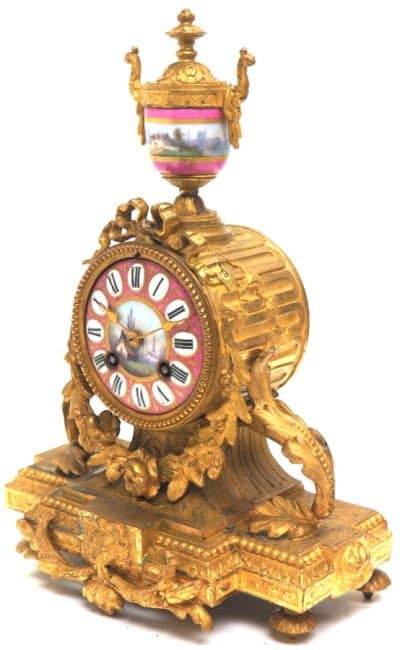 Antique French Mantel Clock – 8-Day Striking Pink Sevres Gilt Mantle Clock C1880