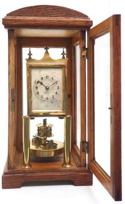 German Gustav Becker for BHA 400-Day Clock With disc pendulum silver & brass dial in Oak Case - Image 7