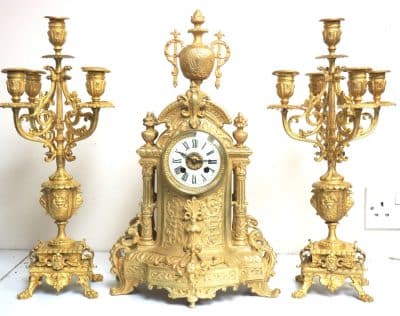 Antique Candelabra 8-Day Clock Set French Striking Ormolu Bronze Mantel Clock C1880
