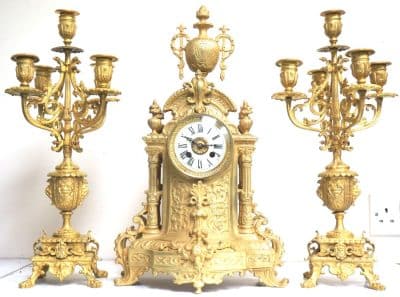 Antique Candelabra 8-Day Clock Set French Striking Ormolu Bronze Mantel Clock C1880 Antique French Antique Clocks 10
