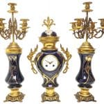 Incredible Electric Blue Art Nouveau Bulbous Tulip 5 Branch Candelabra Mantel Clock Set art nouveau Antique Clocks
