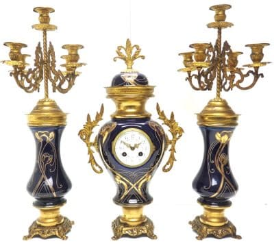 Incredible Electric Blue Art Nouveau Bulbous Tulip 5 Branch Candelabra Mantel Clock Set