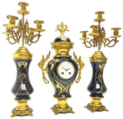 Incredible Electric Blue Art Nouveau Bulbous Tulip 5 Branch Candelabra Mantel Clock Set - Image 12