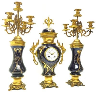 Incredible Electric Blue Art Nouveau Bulbous Tulip 5 Branch Candelabra Mantel Clock Set art nouveau Antique Clocks 14