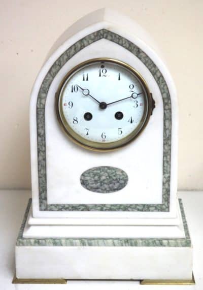 Fine French 8-Day White Marble Mantel Clock – Striking Clock Inlaid Lancet Case