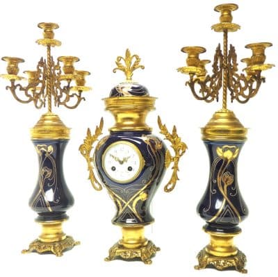 Incredible Electric Blue Art Nouveau Bulbous Tulip 5 Branch Candelabra Mantel Clock Set art nouveau Antique Clocks 13