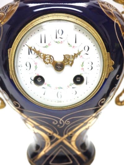 Incredible Electric Blue Art Nouveau Bulbous Tulip 5 Branch Candelabra Mantel Clock Set art nouveau Antique Clocks 8